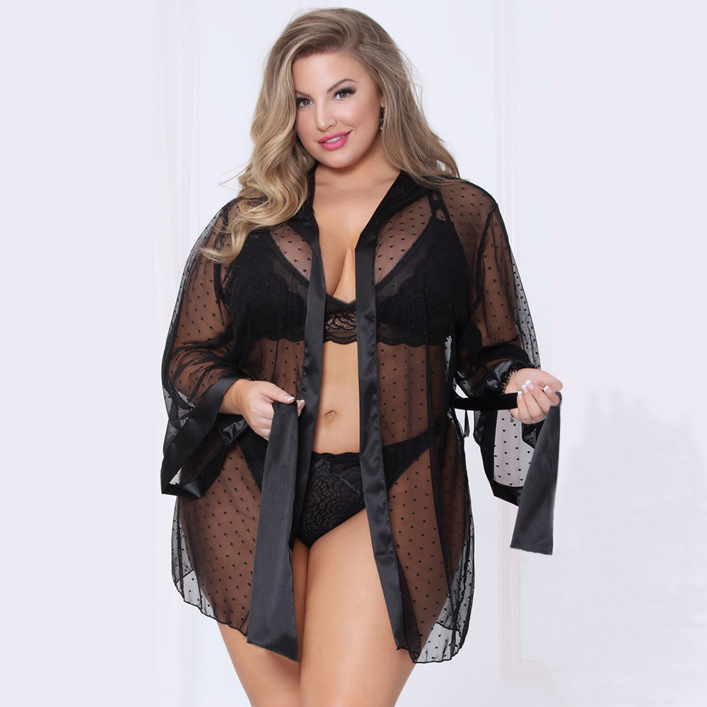 Valentines Day High Quality Three Piece Sexy Lady Ensemble Pajama Lace Sheer Mesh Bra Lingerie Robe Nightwear Set For Female Fat