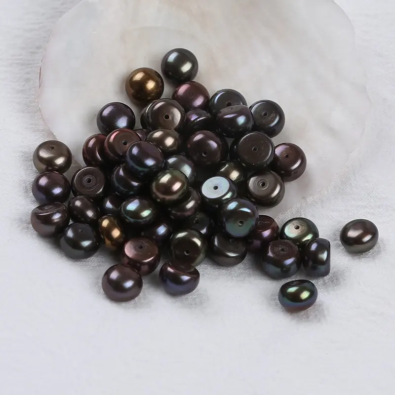 8-8.5mm black freshwater loose button natural genuine real Pearls half drilled hole