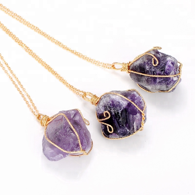 Necklace jewelry boho gold wire wrapped amethyst gemstone rainbow natural crystal necklace