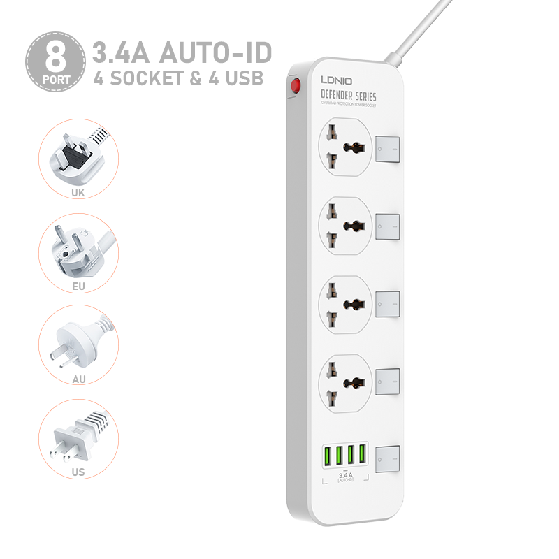 ● Удлинительный провод с несколькими розетками, 4 переменного тока, 4 USB, удлинитель вилки питания, 2 м, настенный монтаж, универсальные удлинители питания