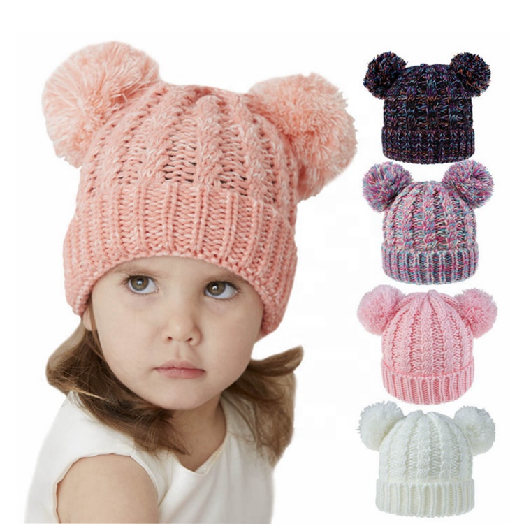 Wholesale Solid Color Colorful Pink White Kids Twist Woven Cute Double Balls Children's Winter Baby Girl Hats Knitted Beanie Cap