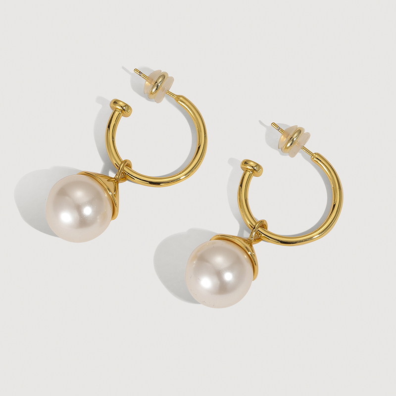 Airy Vintage Dangling Brass Plated 18k Real Gold Circle With Large Pearls Earrings
