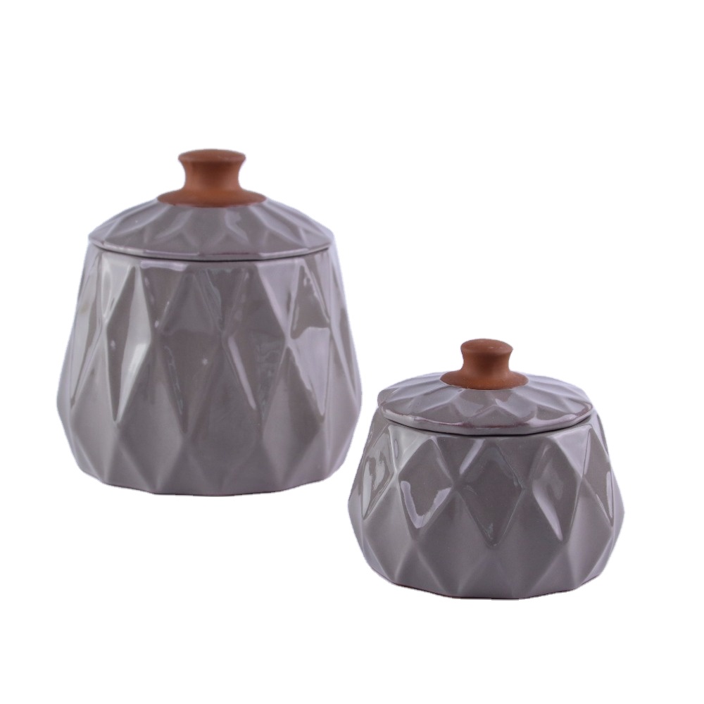 Set of Two Grey Diamond Shape Terracotta Ceramic Sugar Pots