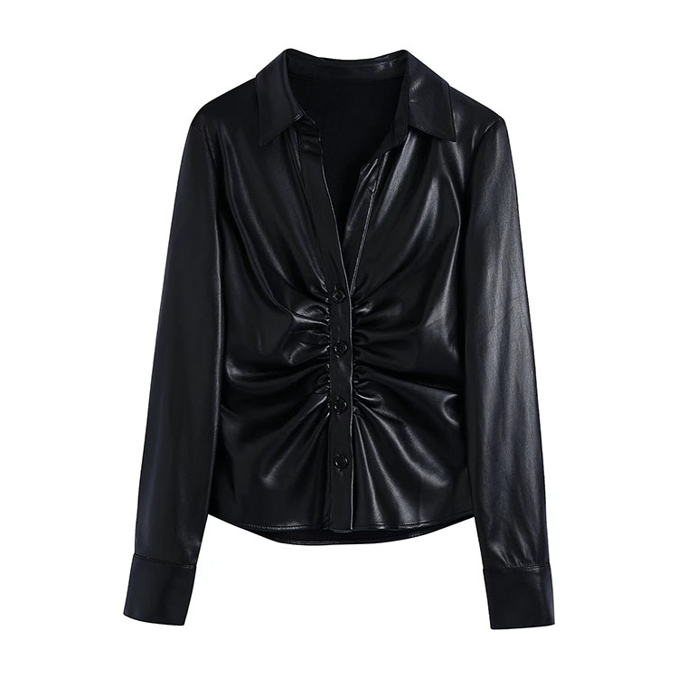 BMURHMZA2021 autumn new women's European and American wild pure color pleated shirt-style single-breasted women's leather jacket