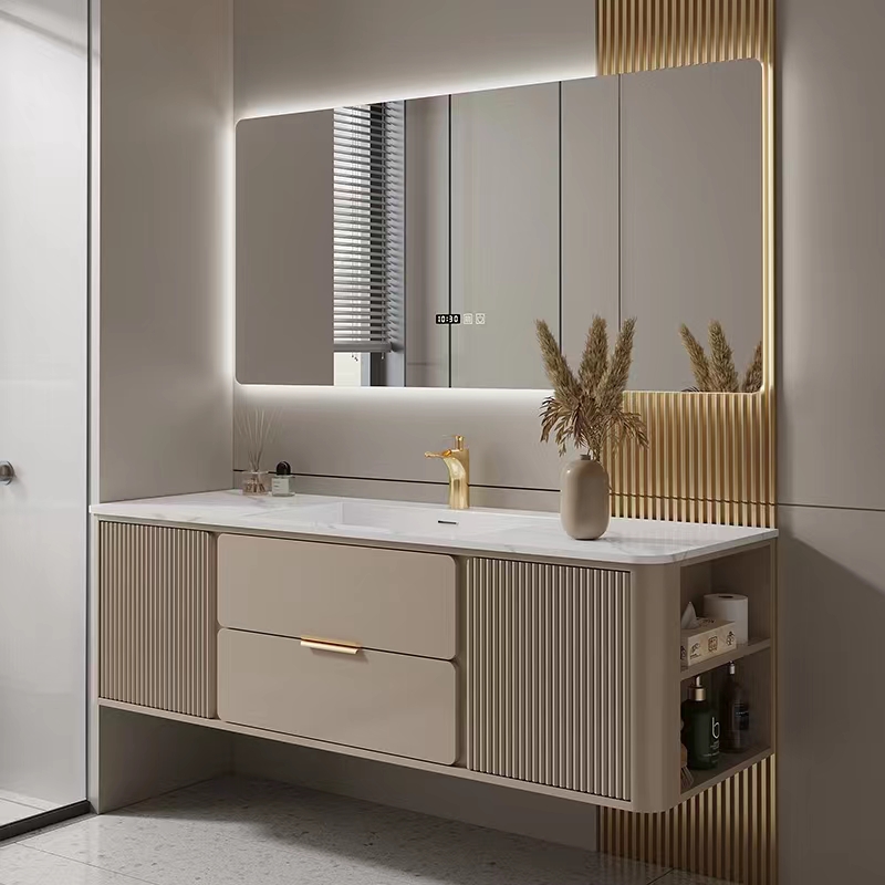 Modern Luxury Slate Countertop Gold Fluted Wall Mount Floating Cabinet Bathroom Vanity With Sink