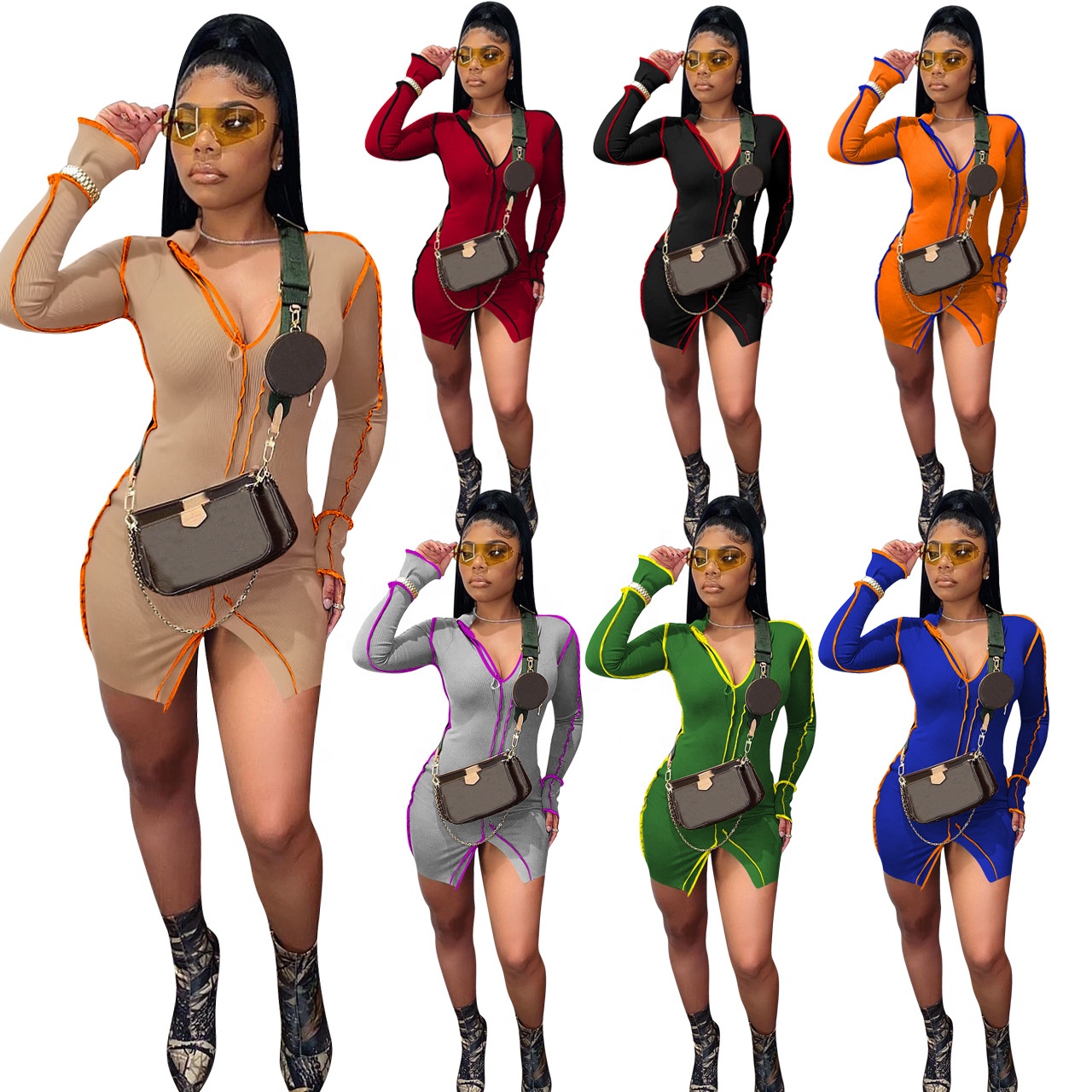 DLL spring new arrivals 2021 rib knit straight dress solid color stylish sexy fashion design women dresses 2021