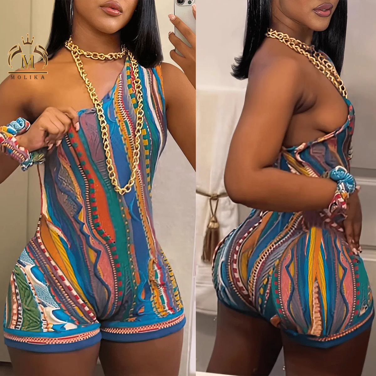 New Arrivals Summer Rompers  All Over Print Women Jumpsuit Slim Fit Sexy One Shoulder Rummpers Women Jumpsuit