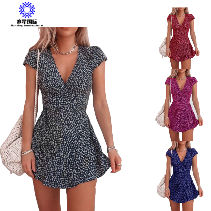 2021 new style Summer women's floral V-neck slim dress digital print dress