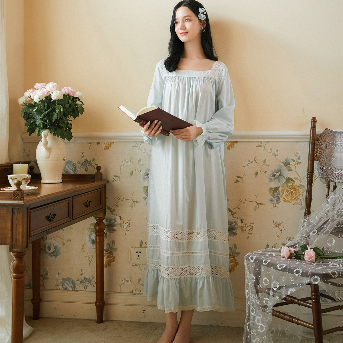White Victorian Cotton Nightgown Sleepwear Long Sleeve Pajama Dress Loungewear for Women