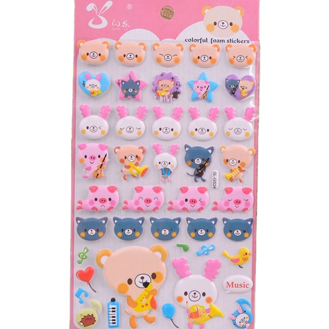 Custom design 3D cartoon puffy sticker sheet for kids Cute animal sponge bubble stickers
