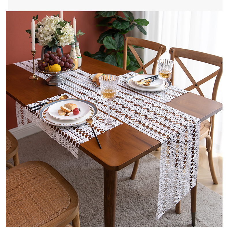Woven hollow lace polyester white wedding luxury table cloth runner
