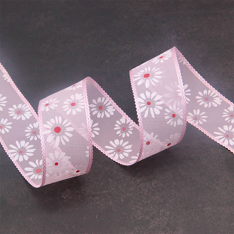 3.8CM wide Wholesale Valentine's Day Daisy printed Gift Wrapping Wedding Decoration Sheer Organza Ribbon Satin ribbon