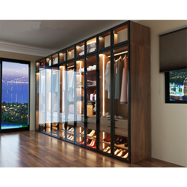 DAIYA Bedroom Closet Cabinet Wood Unique Bedroom Wardrobe Design with glass door glass drawer