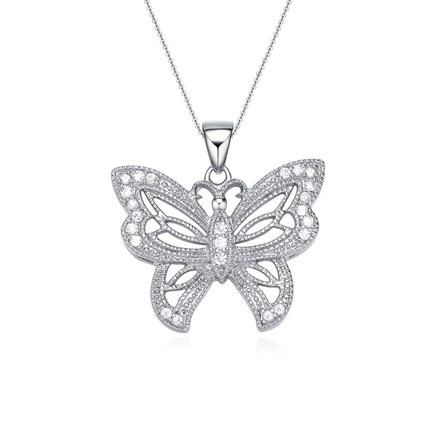 Fashion Cz Platinum Plated Jewelry 925 Sterling Silver Charm Cubic Zirconia Hollow Butterfly Pendant Necklace