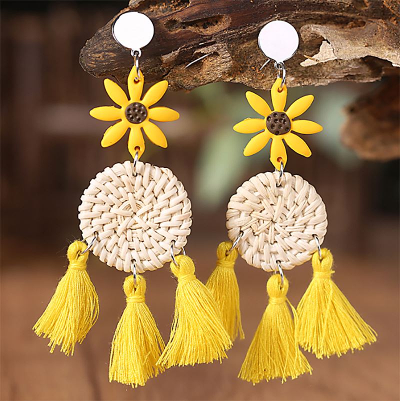 Resort Rattan Hoop Earrings Sunflower Fresh Tassel Woven Sunflower Soft Pottery Handmade Drop Earrings