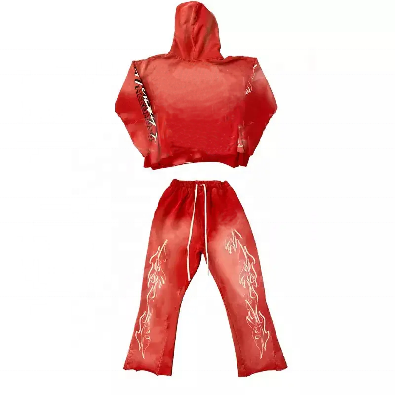 Acid Washed Sweat Suits Custom 100% Cotton Terry Oversized Tracksuit Men Flare Sweatpants And Hoodie Set