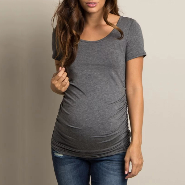 2019 maternity clothing wholesale charcoal ruched short sleeve maternity top