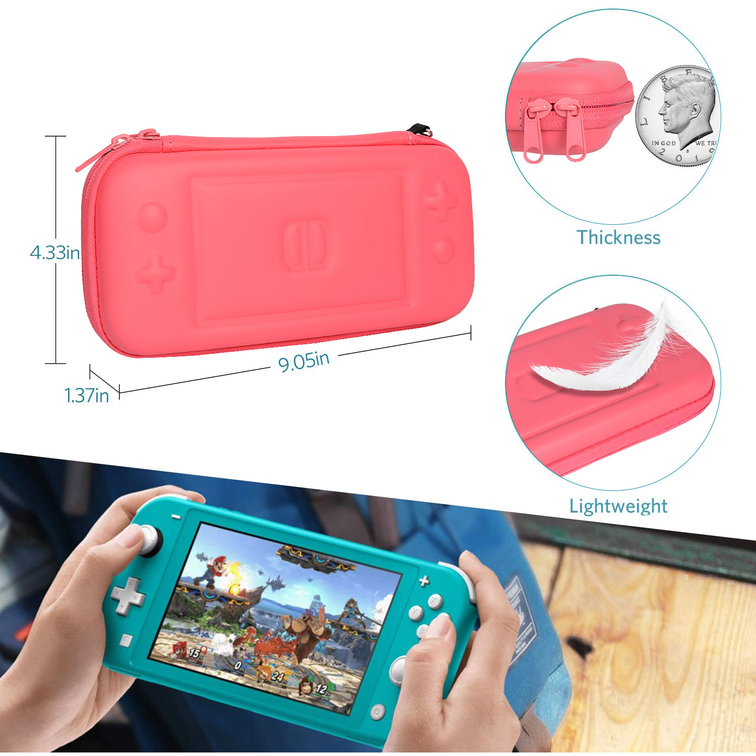 For Switch lite Pink Accessories Pink Carry Case with Coral Case for Switch lite, Pink Game Case Storage Portable Zipper Closure