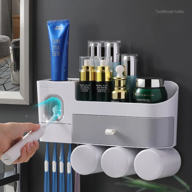 Bathroom Organizer All In 1 Suspension Cup Holder Toothpaste Squeezer Toothbrush Holder With Toiletries Rack