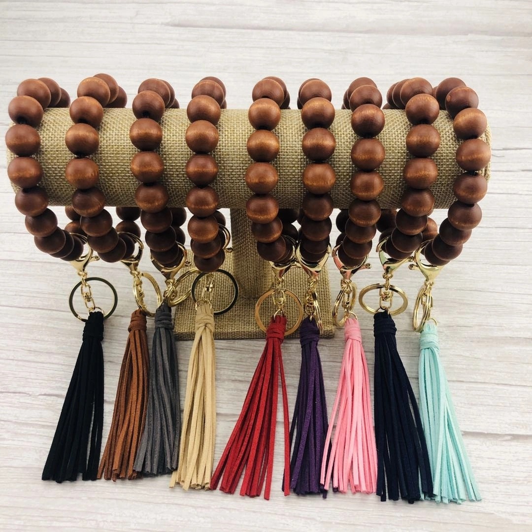 Bohemia 2021 Custom DIY New Fashion Wood Bead Key Ring Pom Pom Tassel Bangle Bracelet Keychain