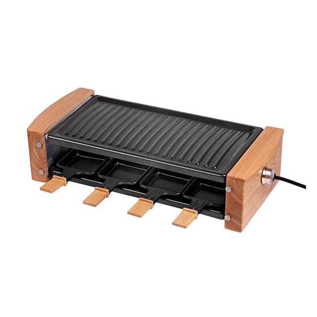 Electric raclette grill with wood handles