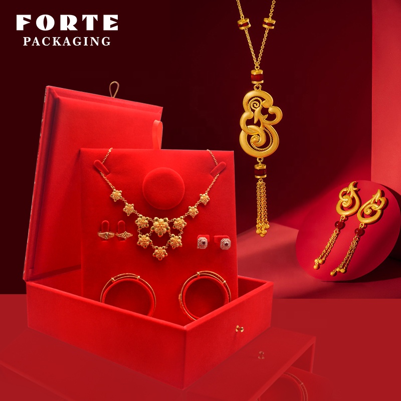 FORTE Red Customized Logo Luxury Velvet Double Ring Box Big Jewelry Box Set