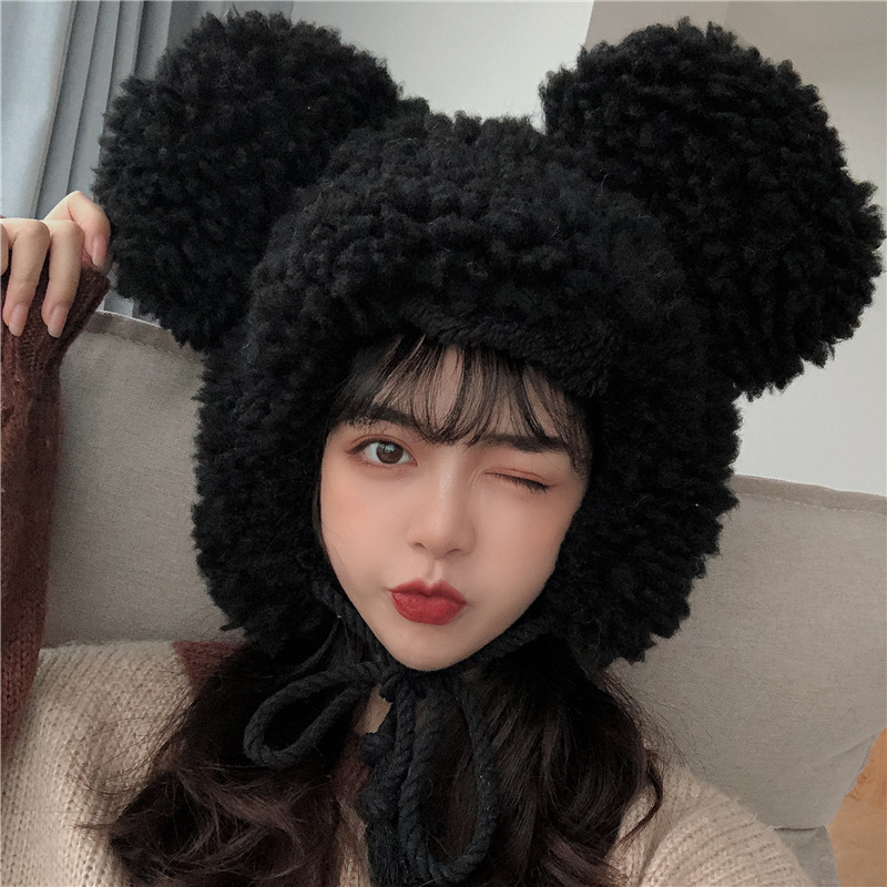 Knitted winter hats Thicken Plush Warm Earflap Hat Cute Bear Ears Windproof Beanie Cap