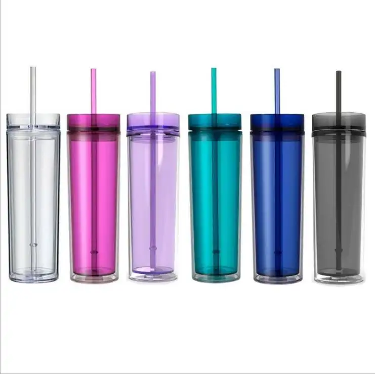 Acrylic Tumbler 16oz Double Wall Acrylic Skinny Bottle With Straw Clear Plastic Drinking Cup