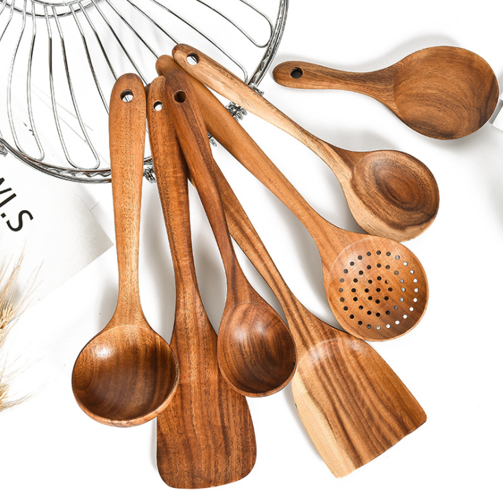Private Label Organic Luxury Teak Wood Home Kitchen Accessories 7 Piece Non Stick Spoons Cooking Utensils Set Manufacturer