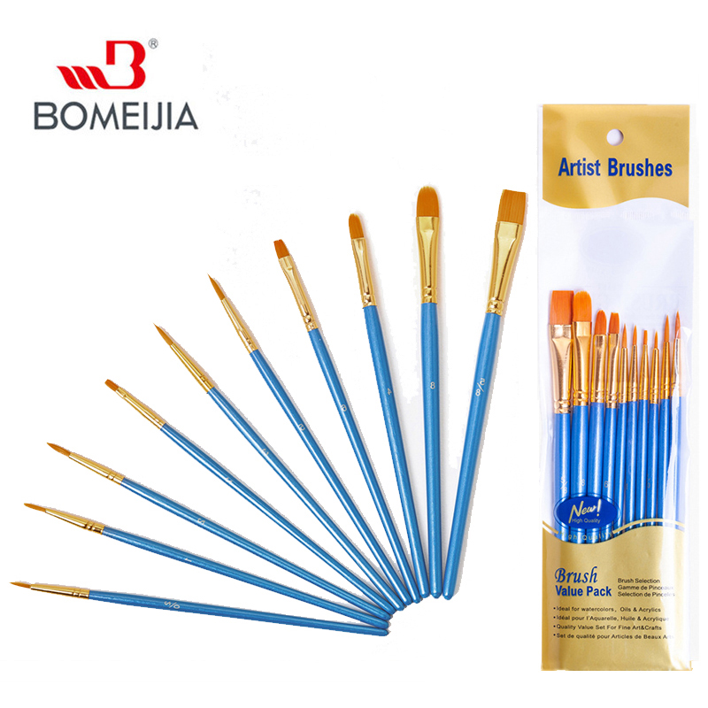 Кисти для рисования акварелью и гуашью BOMEIJIA, 10 шт./компл., кисти разной формы с круглым заостренным кончиком, нейлоновая кисть для рисования, набор художественных принадлежностей
