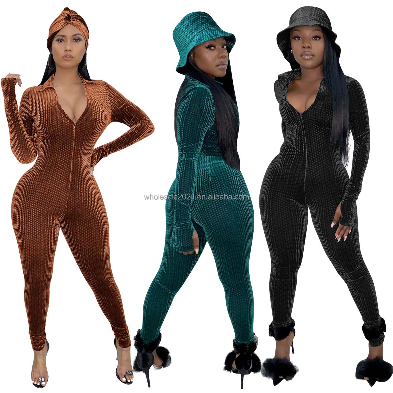 New Style Deep V Neck Tight Sexy Zipper Solid Full Overalls Women Long Sleeve Suede Club Party Bodycon Jumpsuit And Romper Women