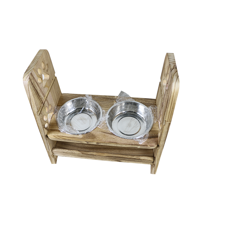 Natural wood Dog Pet Feeder Stand With Double Bowls Pet Food Feeding Tray