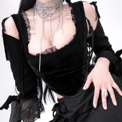 Mall Goth Lace Black Crop Top Y2K Gothic Lace Patchwork Long Sleeve T Shirt Women Chic Aesthetic Bandage Hollow Out Tops Coldker