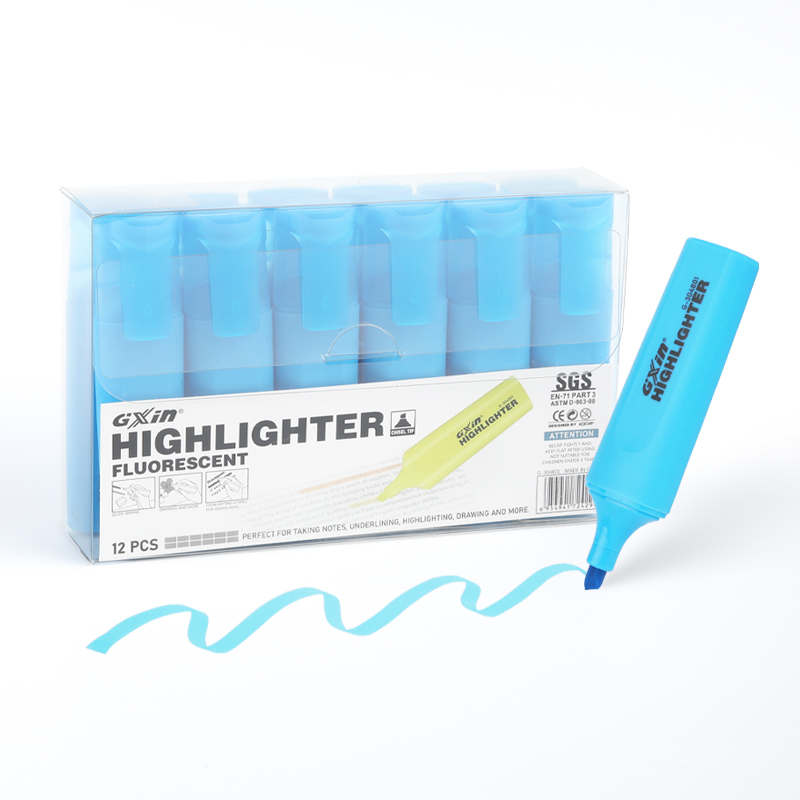 Gxin G-304801 blue color 12pcs/set highlighter marker pen school fluorescent pen hot sell supplier price highlighters