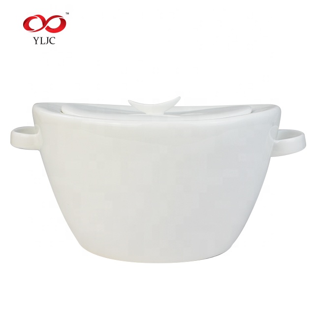 Белый фарфор два уха костяного фарфора большой пользовательский суп Tureen с крышкой