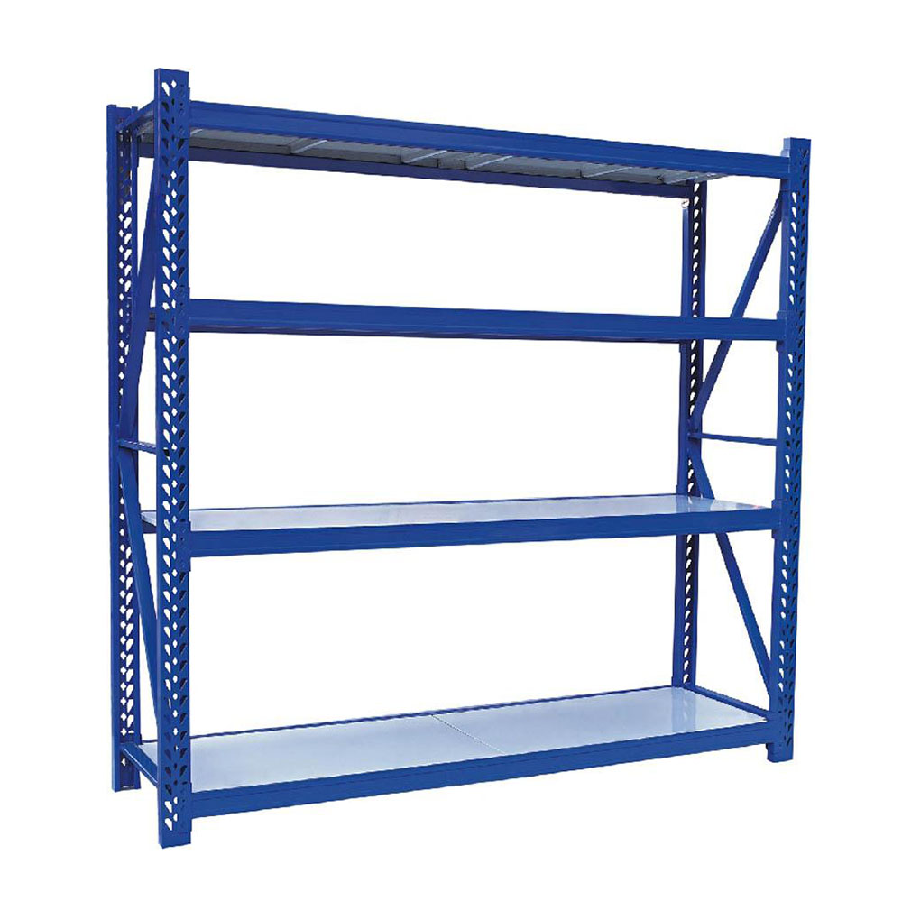 Factory warehouse logistics uses multiple layers of heavy-duty storage shelves