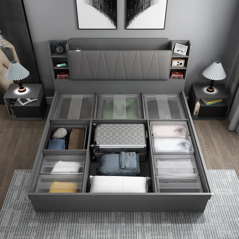 Modern Design Wood King Size Bed Bedroom Furniture Set Wooden Beds with LED Light Storage Box Beds
