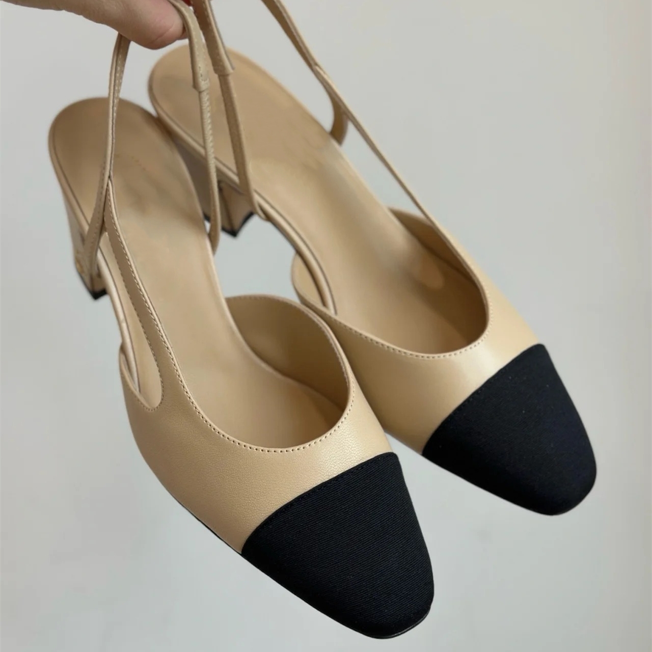 2024ss leather women's shoes heels slingback customized round toe fashion apricot shoes low thick heel comfort ladies shoes