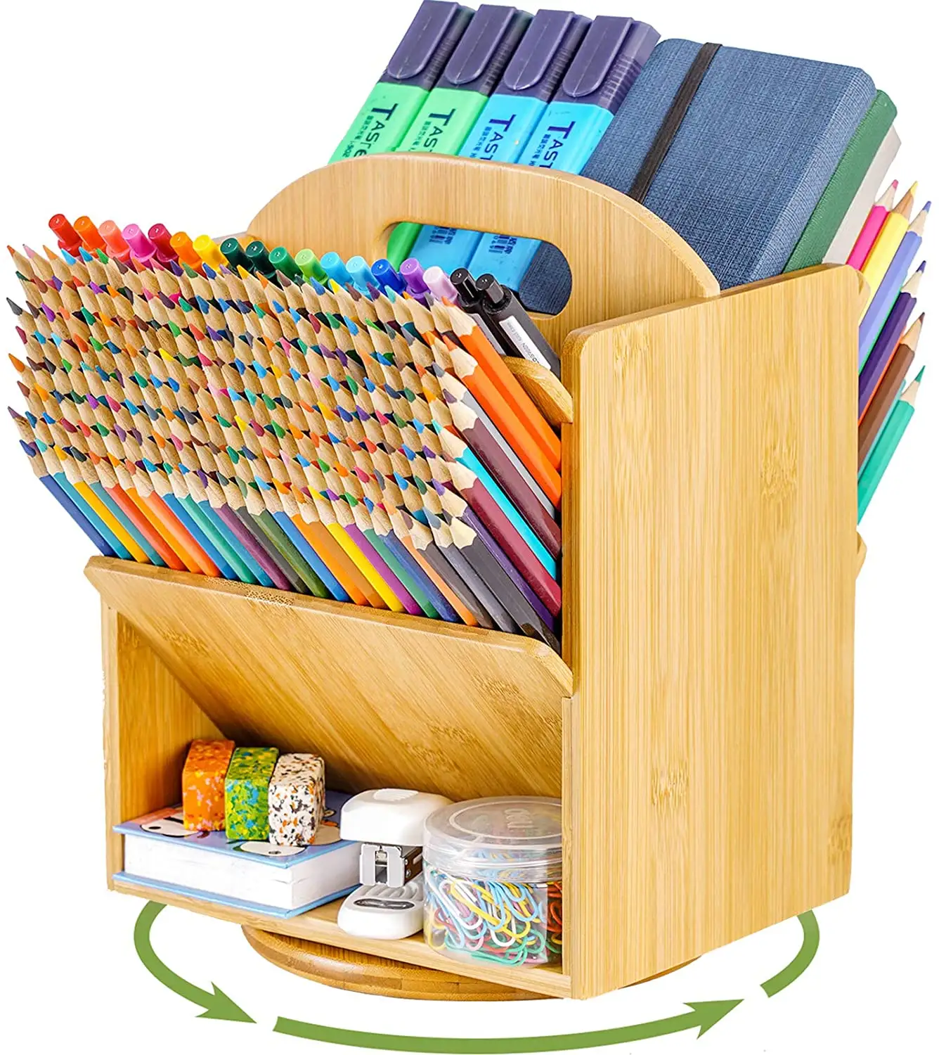 Bamboo Rotating Pen Organizer Large Capacity Pencil Holder, Art Supply Organizer with 6 Compartments