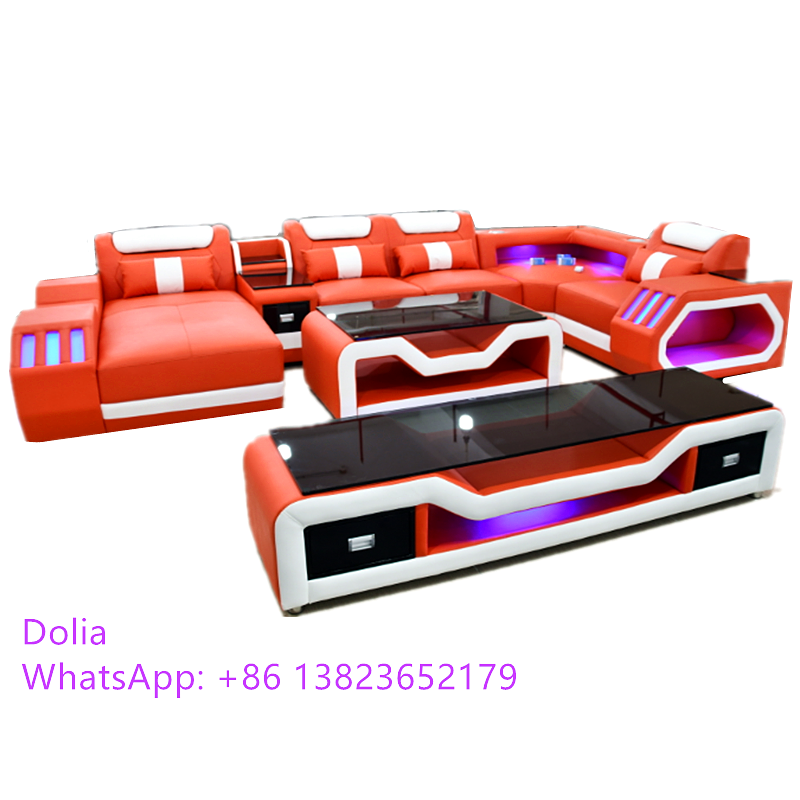 On Sales Modern LED Lights Living Room Furniture Sets Couch Genuine Leather Sofas
