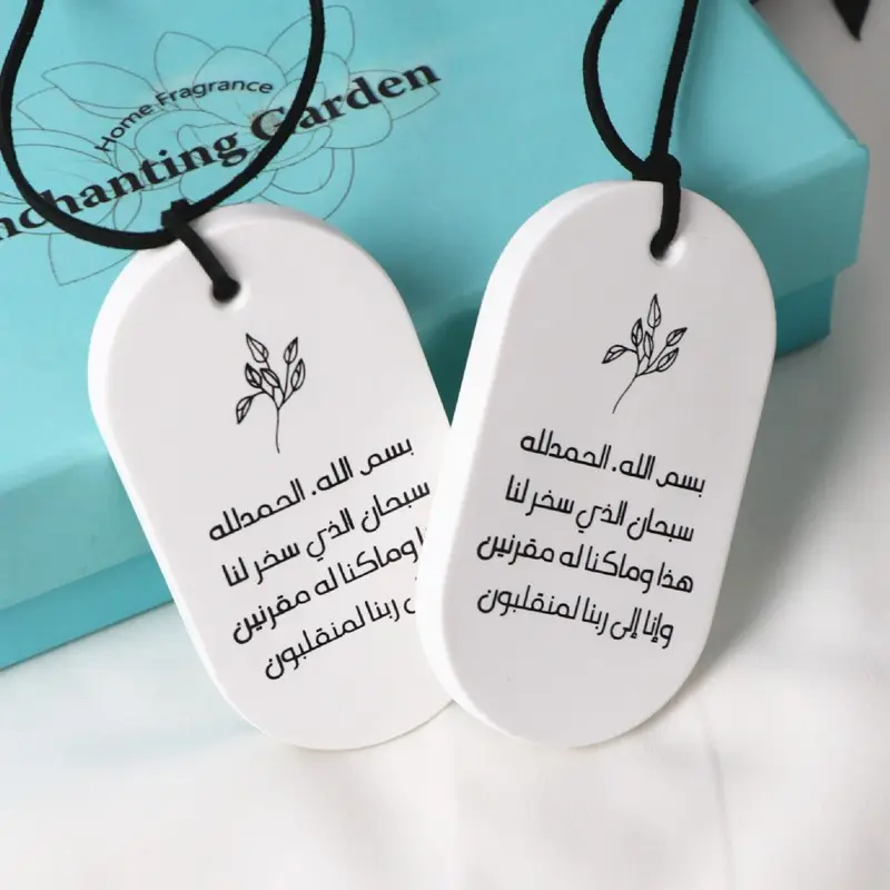 Stocked Oval Shaped Logo Printed Air Fresheners Hanging Scented Perfume Plaster White Ceramic Aroma Oil Diffuser Stone