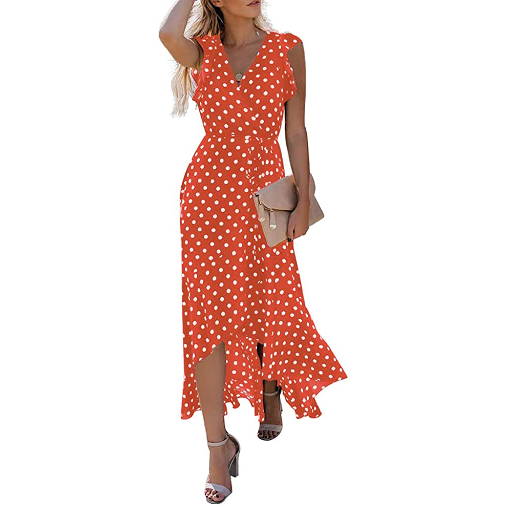 OEM Wholesale Women Summer Floral Print Casual Dresses Bohemian Flowy Cross V-Neck Dot Orange Long Maxi Dress