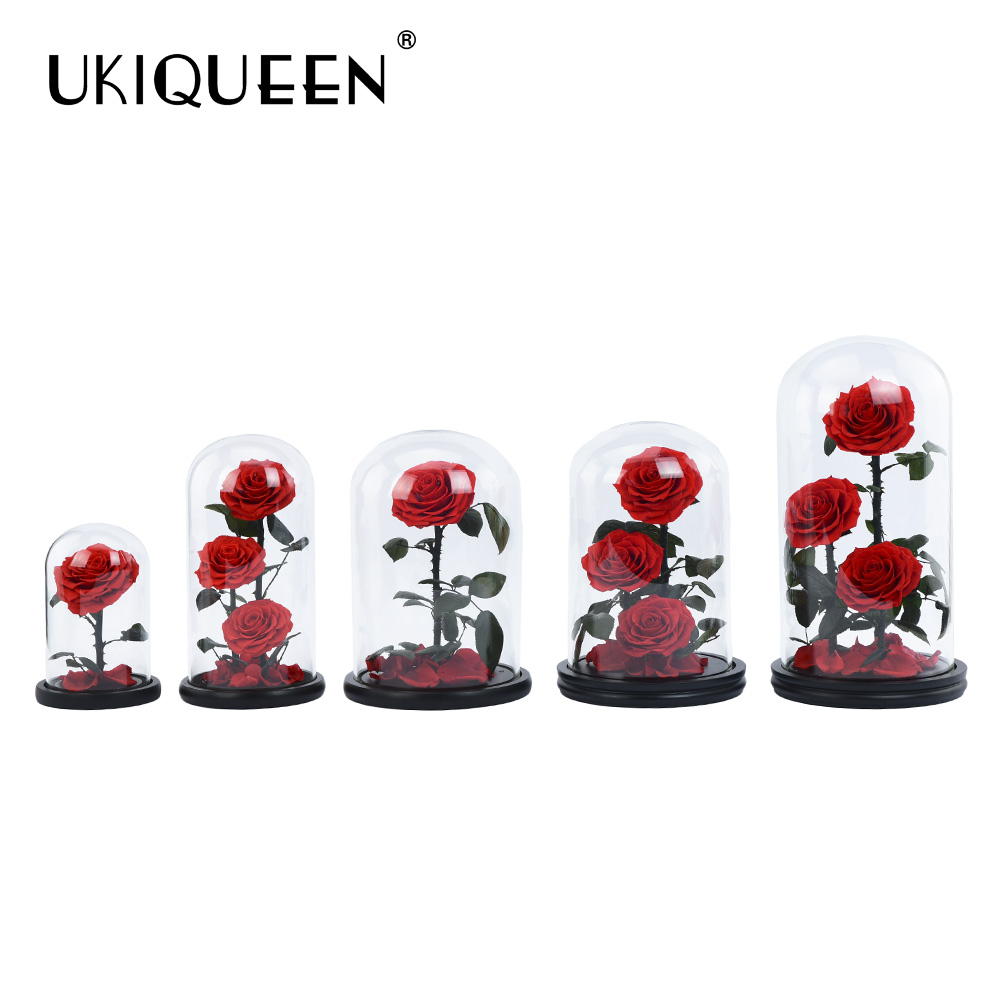 UKIQUEEN Factory Wholesale Long Lasting Immortal Eternal Flower Glass Dome Preserved Rose