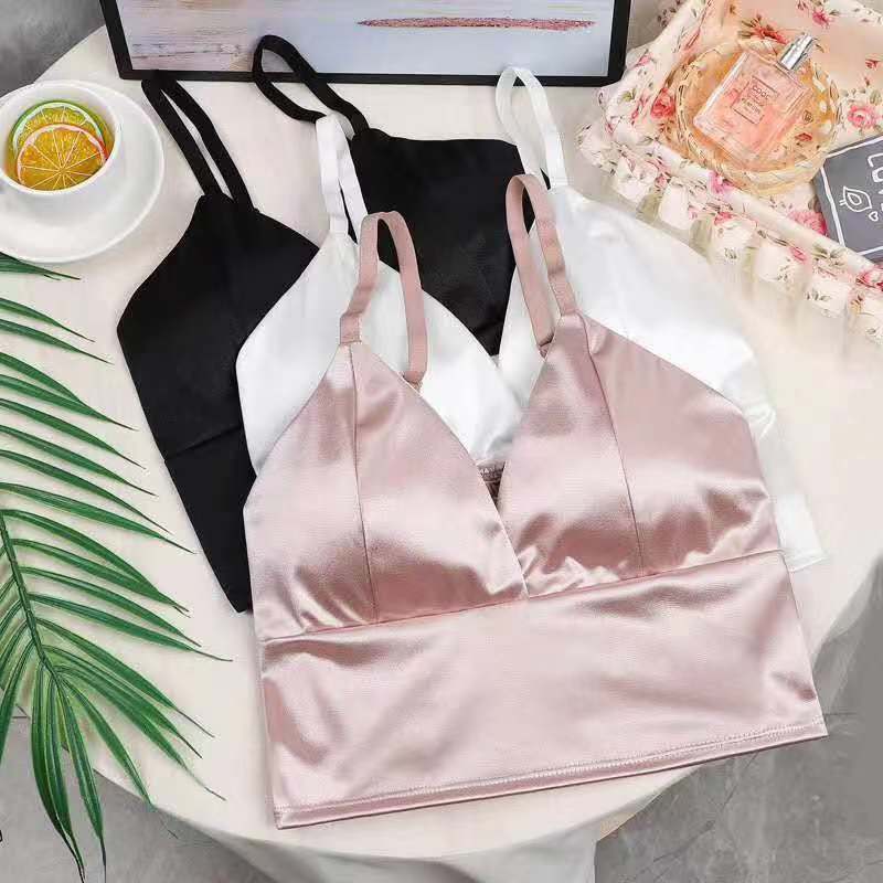 Soild Color Satin Deep V-neck Wrinkle Back Wireless Crop Top
