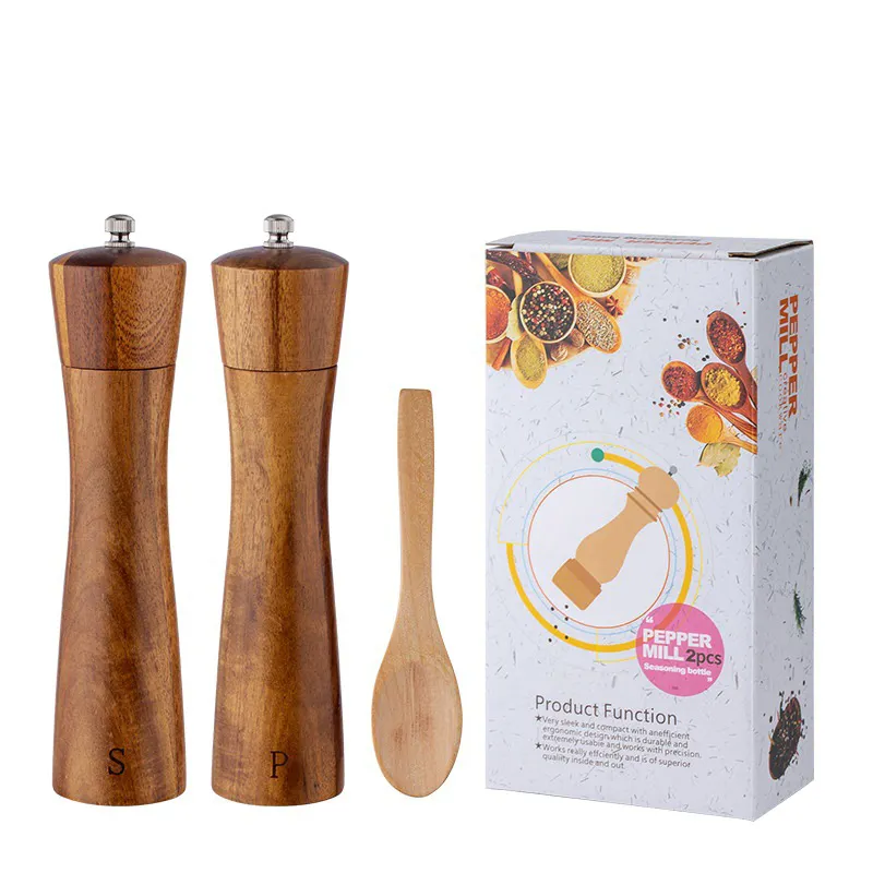 Heavy duty acacia wood mill set ceramic spice grinder for chili salt and pepper