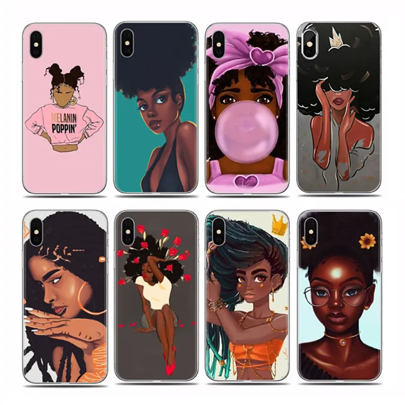 Custom Design Fashionable Black Girl Back Cover Phone Case Accessories for iPhone XS 11 12 13 Pro Max TPU Soft Cartoon Case