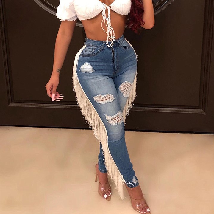 Streetwear Fashion Tassel Fringed Skinny Hight Waist Blue Ripped Jeans Pants Pencil Denim Pants Long Women Trousers 2021
