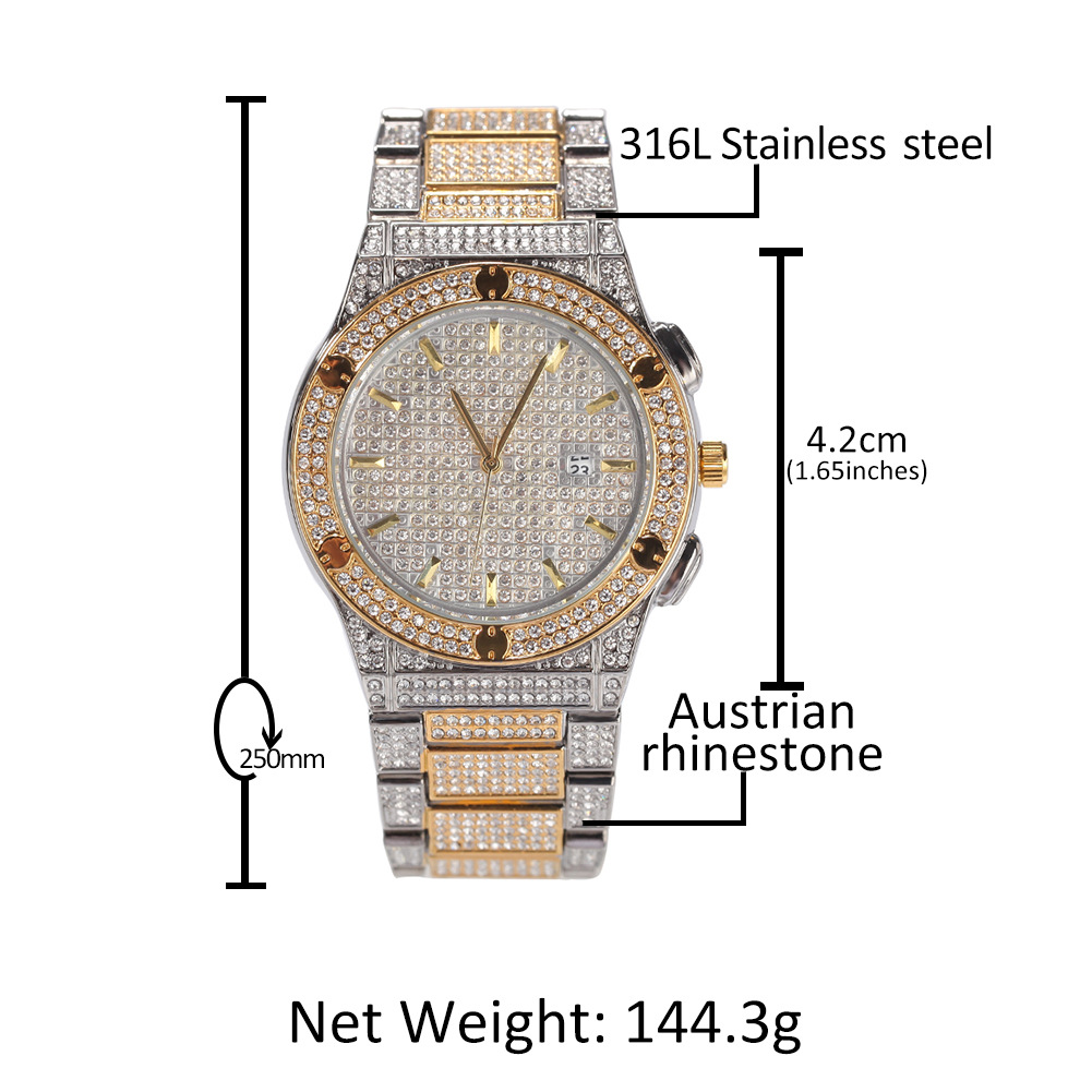 New Style Trend Watch Full Iced Round Shape Bling Bling Two Tone Watches for Women Men Rapper