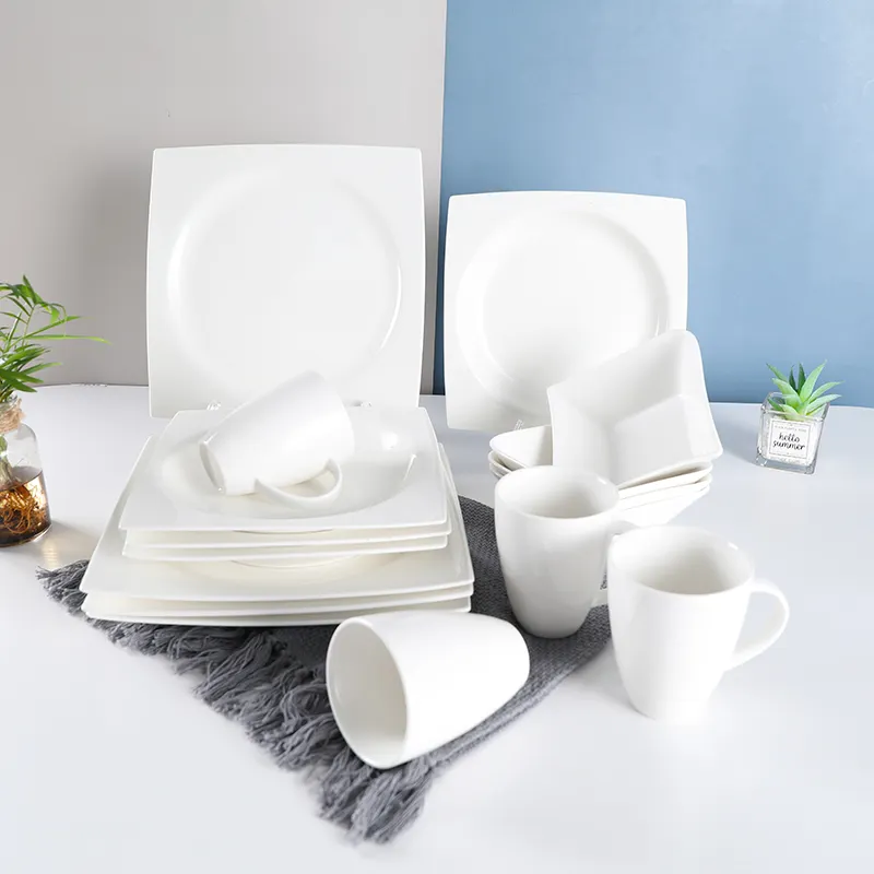 Stock wholesale white square ceramic dinner set porcelain 20pcs dinnerware set 16pcs set