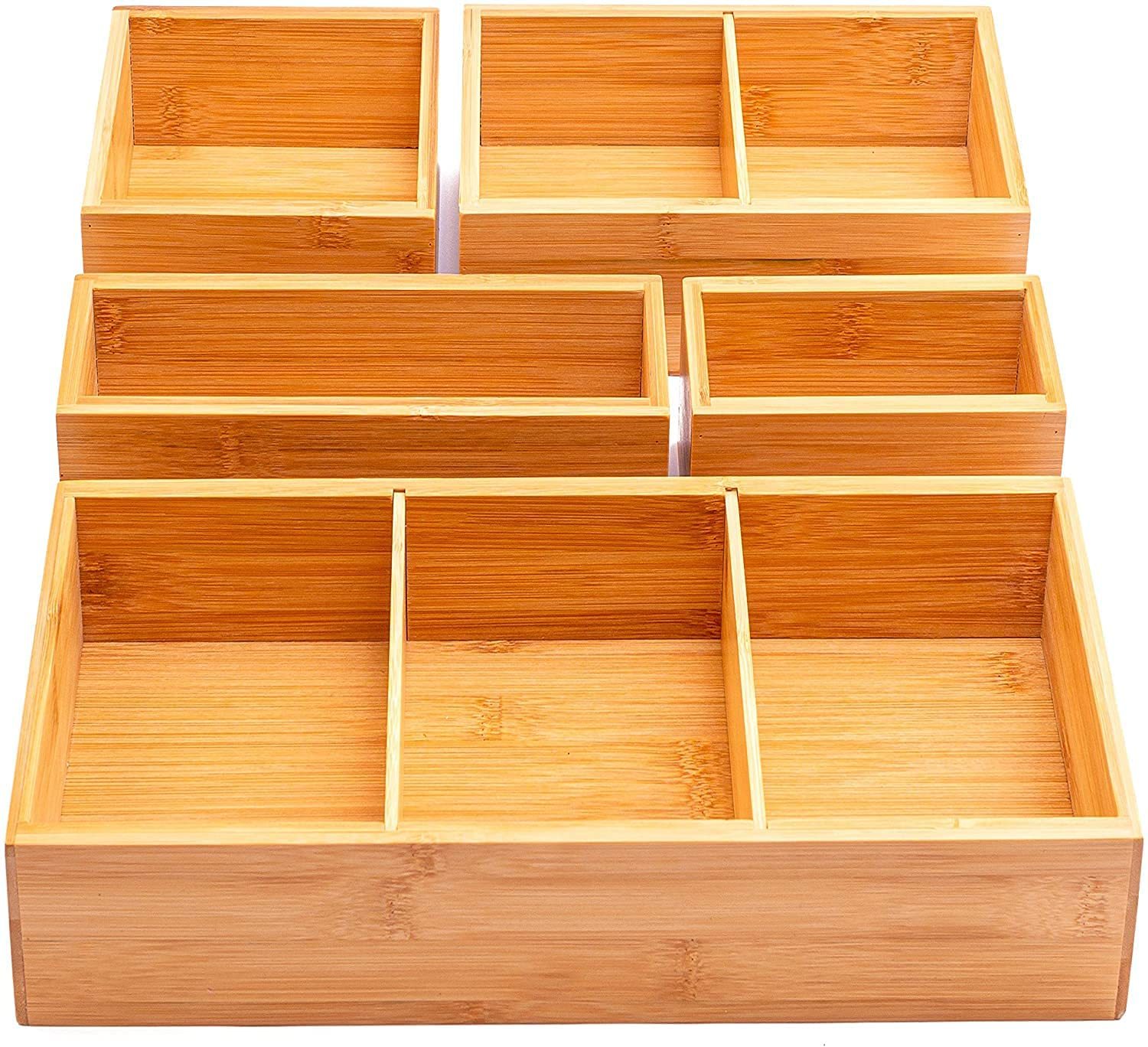 5-Piece Bamboo Drawer Organiser |Set of 5 Wood Storage Boxes| Multi-Sized Compartments with Removable Dividers